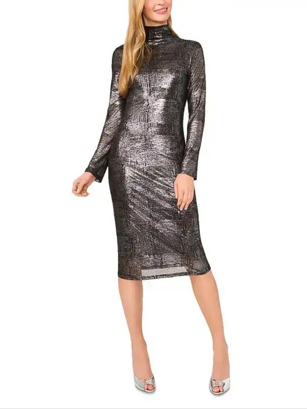 TED BAKER Foire Metallic Turtleneck Long Sleeve Midi Dress In Black XL Org $275